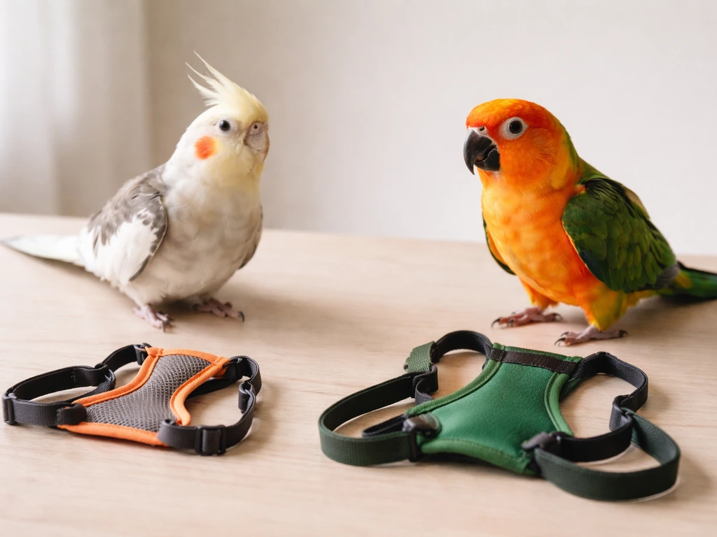 Two small pet birds perched near different types of bird harnesses on a neutral table, side-by-side comparison.