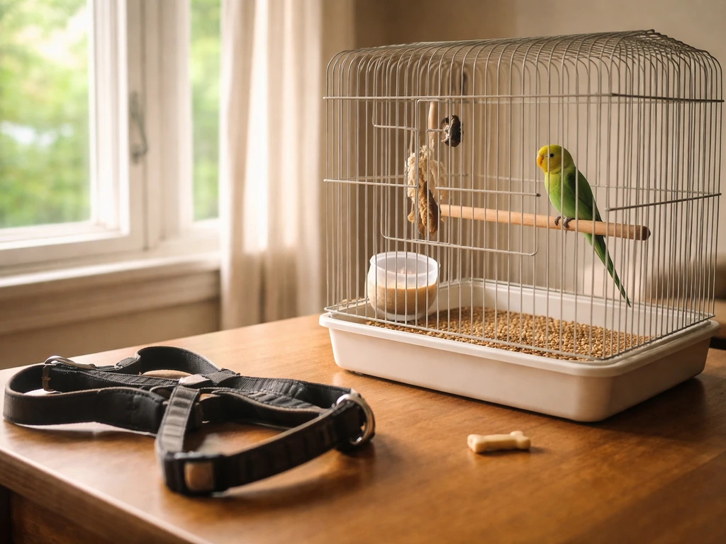 Small pet bird cage on a table with a dog harness placed beside it for the bird to inspect