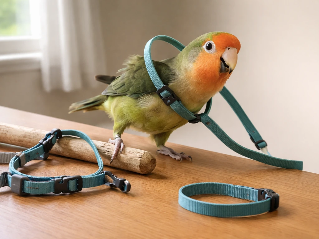 Bird on a perch with a loose neck harness slipping off, showing an incorrect fit scenario.