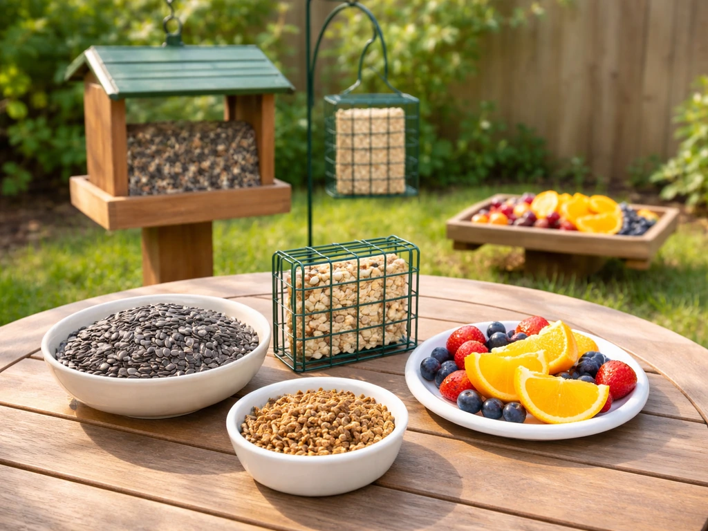 Backyard table with bird seed, suet, mealworms, and fruit pieces beside feeders in natural light.