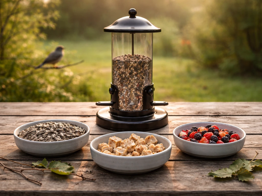 Minimal outdoor feeder station with three bait types and small separate bowls for different bird goals