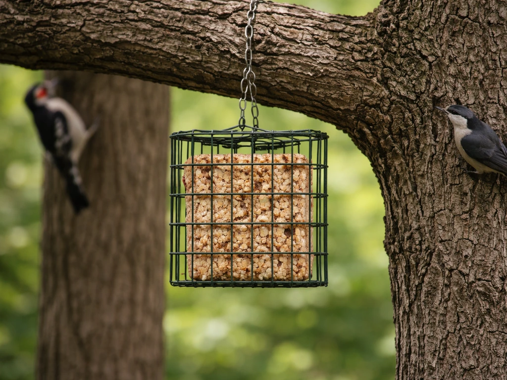 A suet feeder with a visible suet block hanging from a tree branch, attracting small backyard birds.