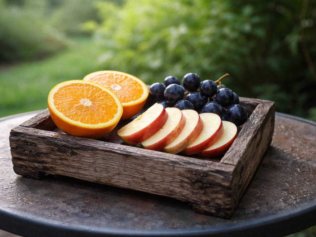 Halved oranges, apple slices, and grapes on a small outdoor basket to attract fruit-loving birds.