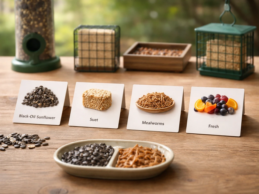 Minimal tabletop scene with four bird bait cards and feeder pieces arranged side by side, no text.