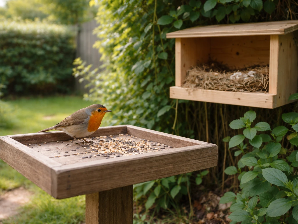 A robin forages on a flat platform bird table in a quiet backyard garden near a simple nesting shelf.