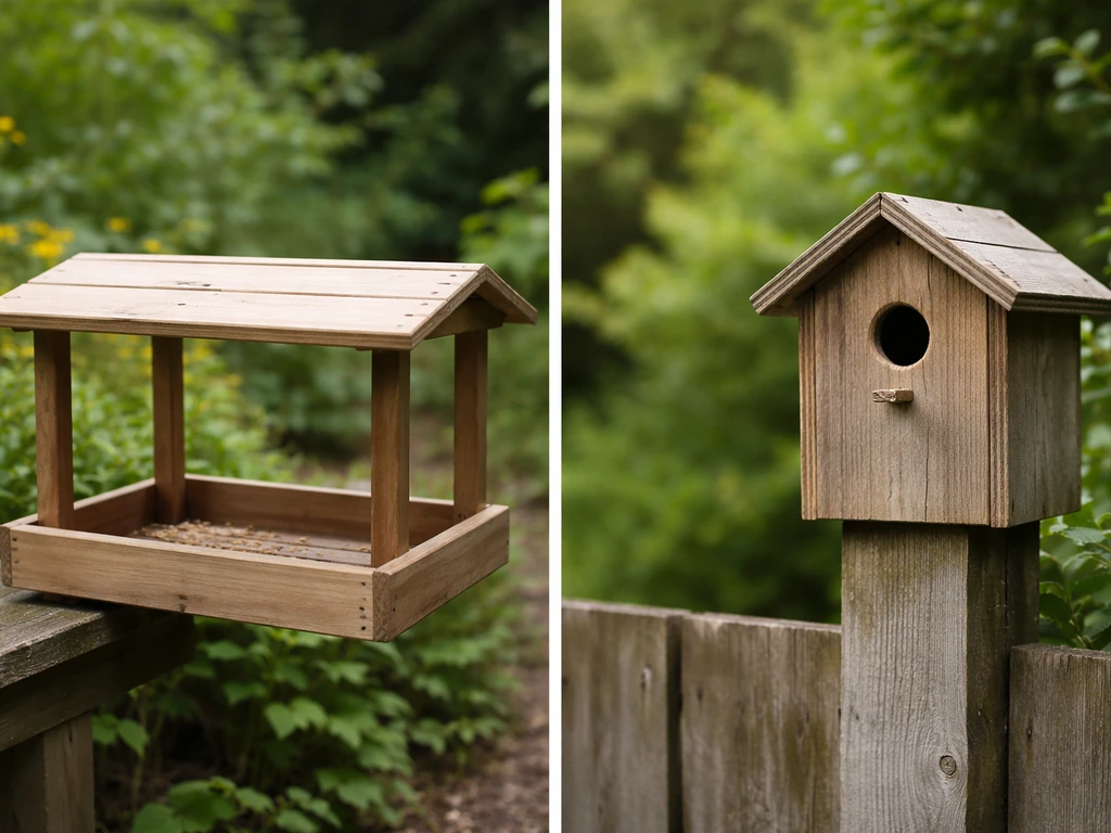 Split scene showing an open bird platform feeder and a cavity-style birdhouse for robins’ nesting needs.