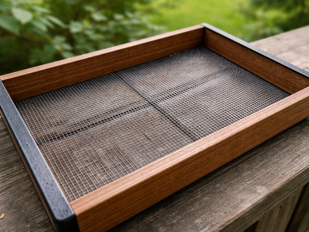 Close-up of an open bird feeder tray with a mesh bottom suggesting proper drainage and airflow.