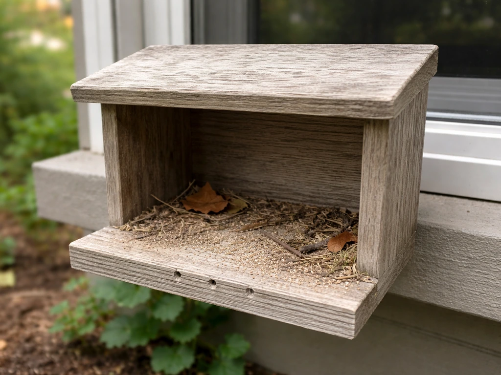 Close-up of a three-sided robin nesting shelf with open front, small roof, grippy floor, and drainage.