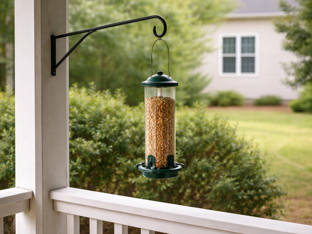 Bird feeder placed far from a window with a clear, hazard-free area and nearby cover like shrubs.