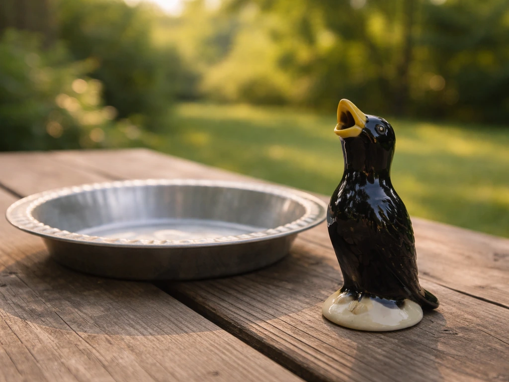 Victorian ceramic pie bird with a hollow funnel on a backyard table beside a pie pan.