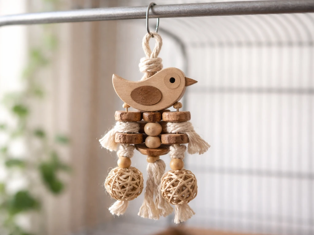 Close-up of a bird-safe hangable foraging toy designed for pet birds near a cage.