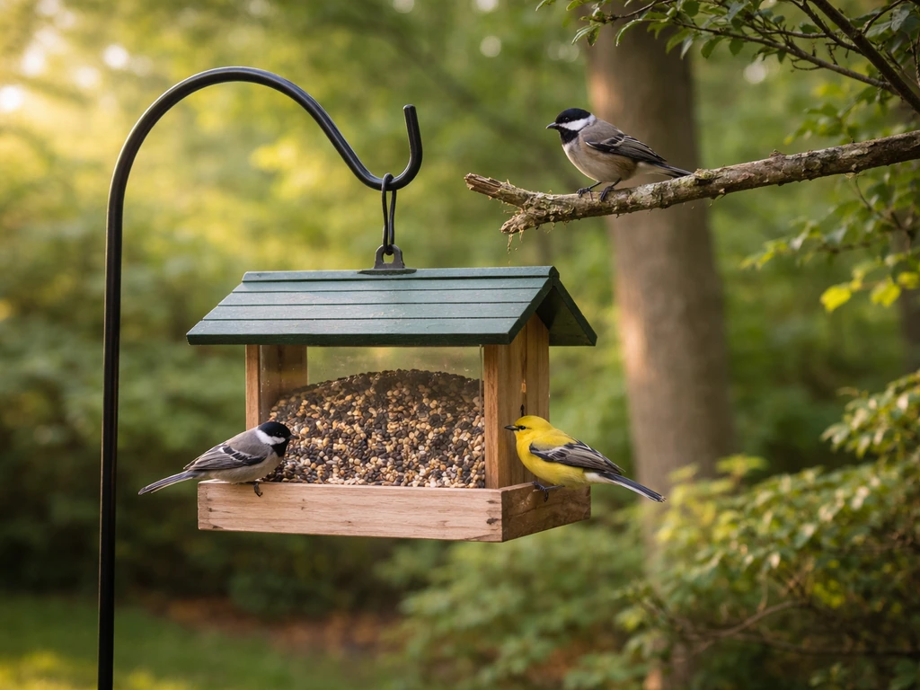 A species-appropriate bird feeder filled with seed, with small wild birds perched and feeding nearby.