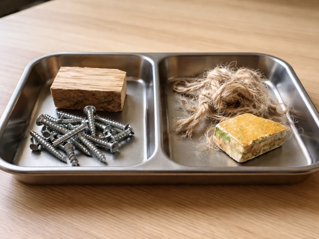 Close-up of bird-safe materials comparison: stainless hardware and natural wood beside unsafe loose fibers in a simple t