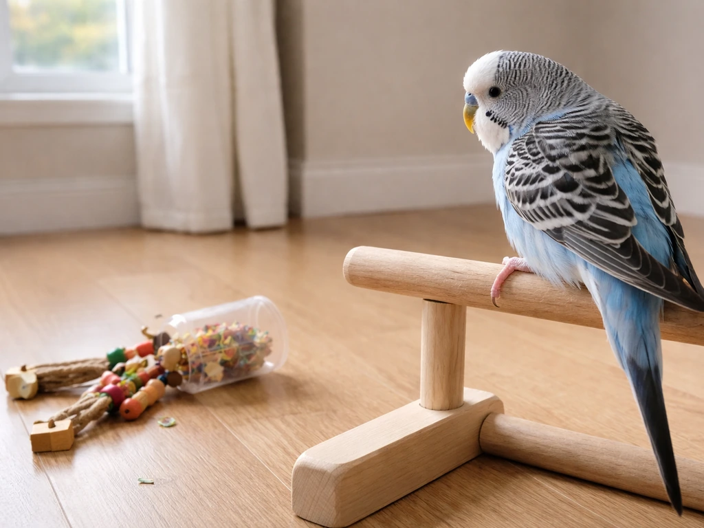 A small pet bird looks stressed as a new enrichment item is pushed aside in a quiet room.
