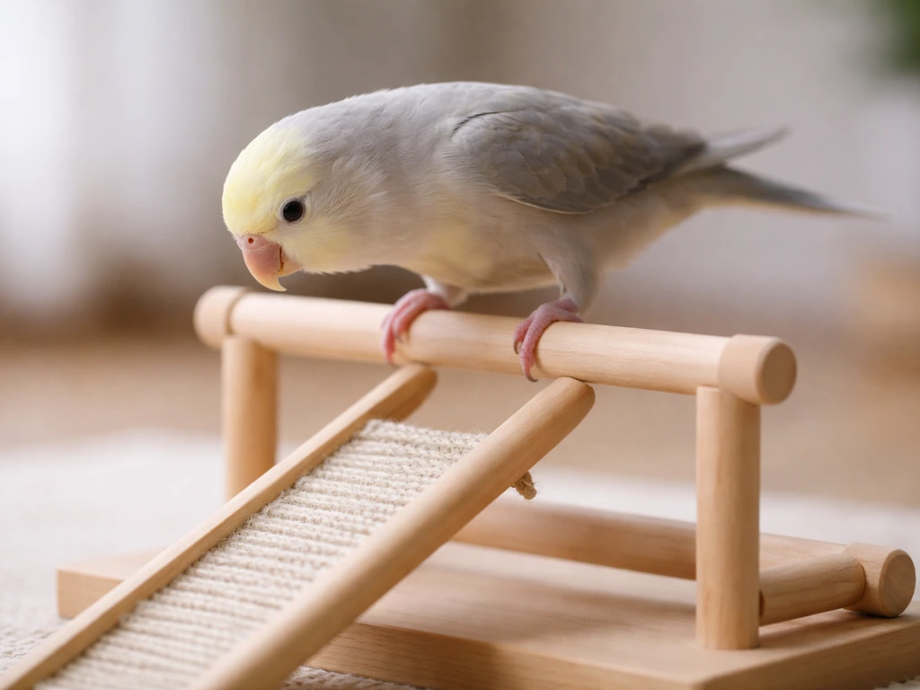 Close-up of a small pet bird stepping and exploring on a safe perch/play stand in a calm training area.