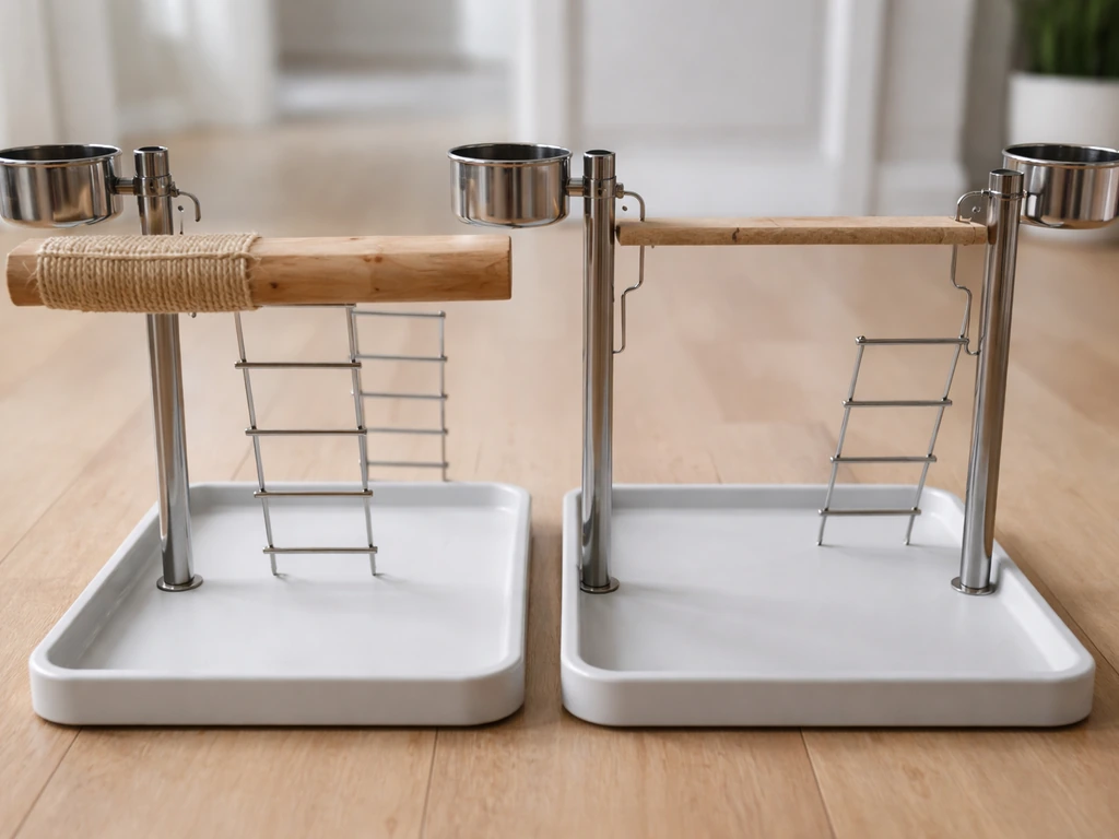 Two bird perch/play-stand setups side-by-side showing different perch diameters for species fit.