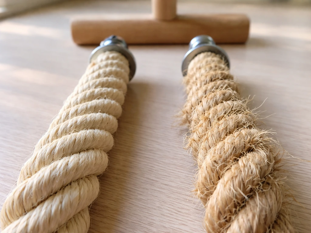 Close-up comparison of clean sisal rope perch versus visibly fraying synthetic rope perch fibers.
