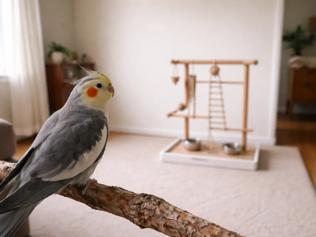 Calm pet bird watching a new stand across the room during a slow, non-stress introduction.