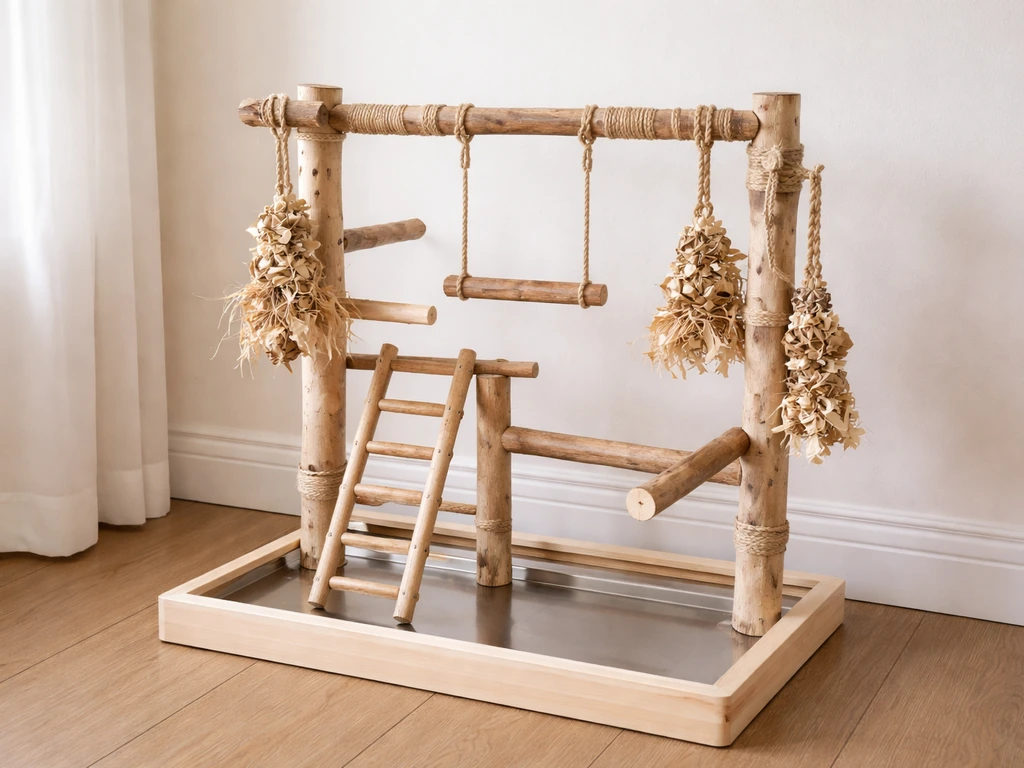 Bright home bird playground with natural wood perches, a swing, ladder, and shredding toys.