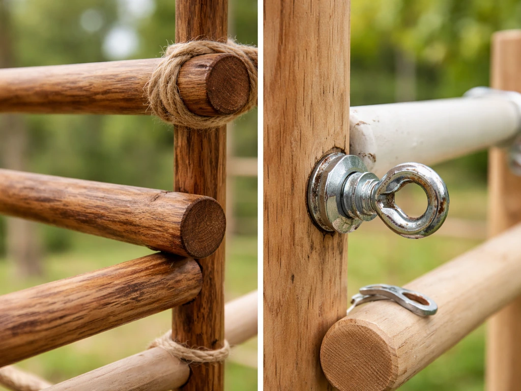 Close-up of bird playground parts: safe untreated wood beside unsafe-looking painted zinc/metal hardware.