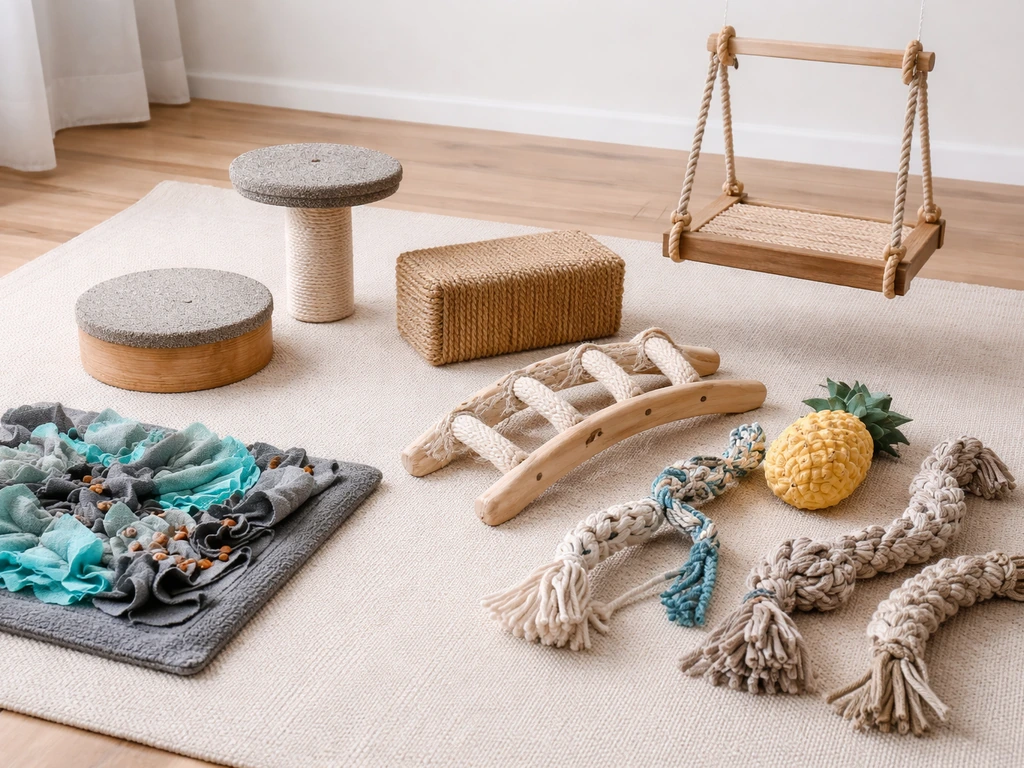 Assorted dog playground essentials laid out: perches, swing, ladder, chew toys, and treat foraging setup.