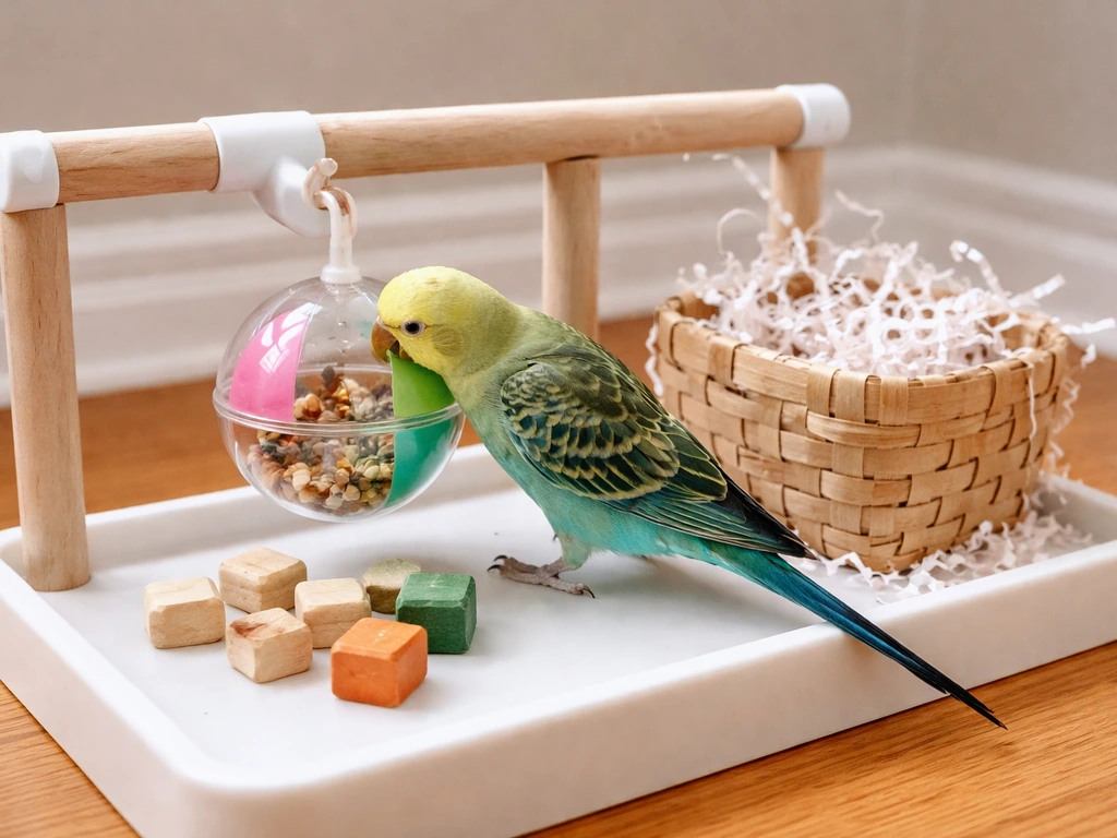 A small parrot foraging in a mounted toy with a nearby shredding container.