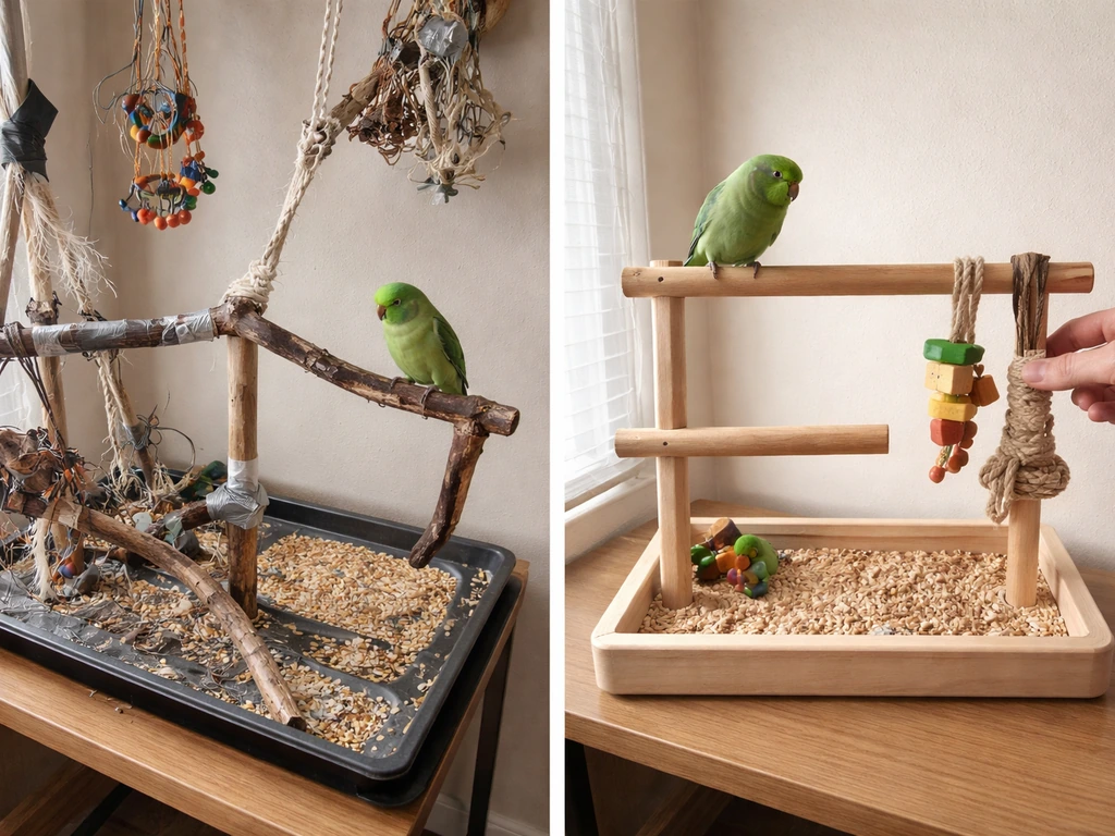 Small bird playground setup corrected: proper perch size and safer materials, neat supervised indoor scene.