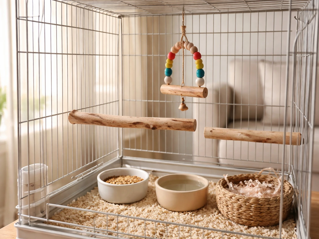 Cozy indoor birdcage setup with perches, simple toys, and a feeder in bright natural light.