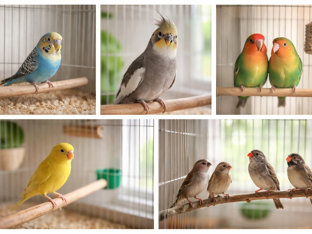 Five separate home cage vignettes showing budgie, cockatiel, lovebirds, canary, and finches in natural light.