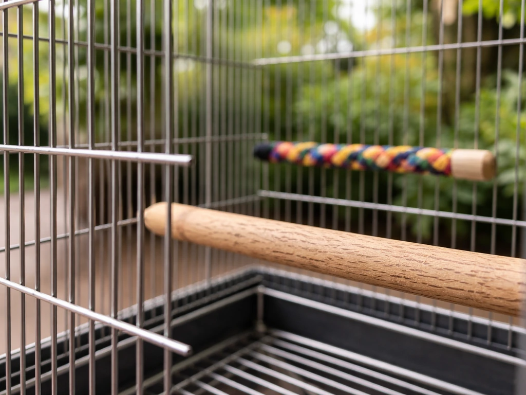 Close-up of a properly sized birdcage showing safe bar spacing and roomy interior for a small budgie-sized habitat