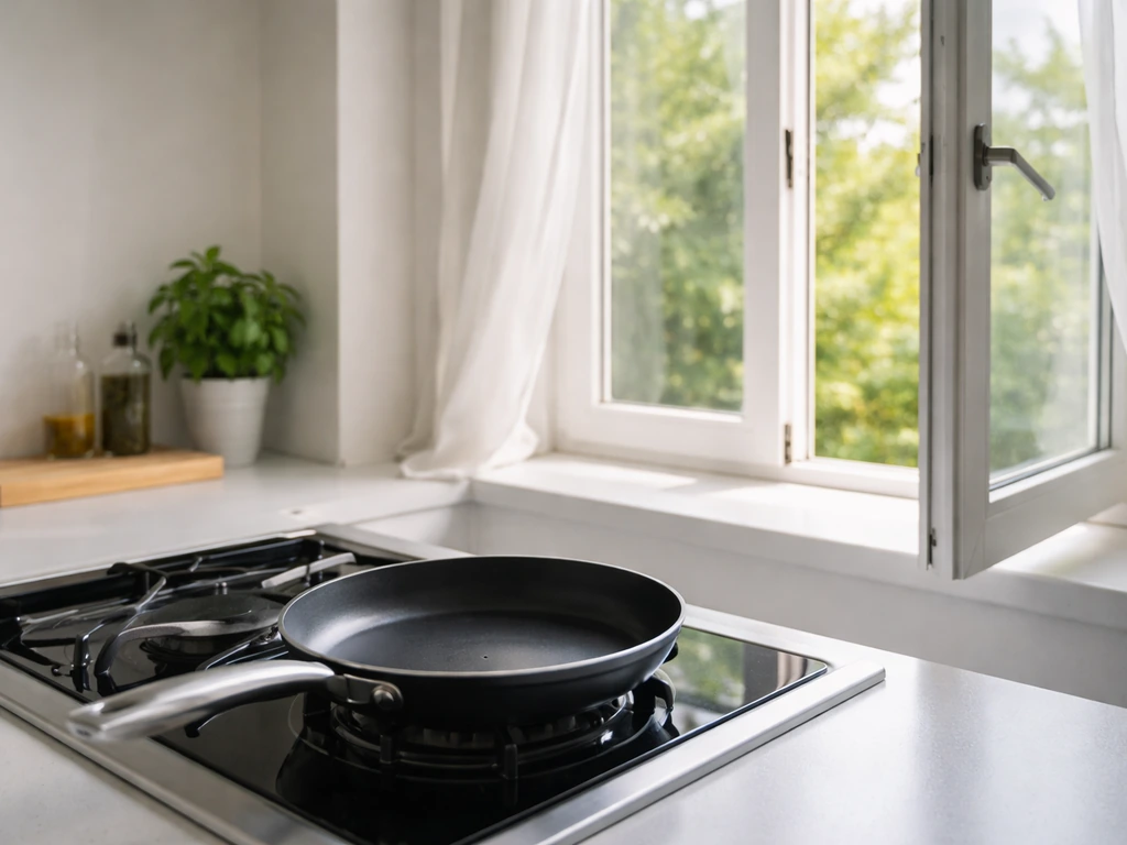 Empty kitchen with a closed non-stick pan and open window, suggesting safer ventilation away from a bird.