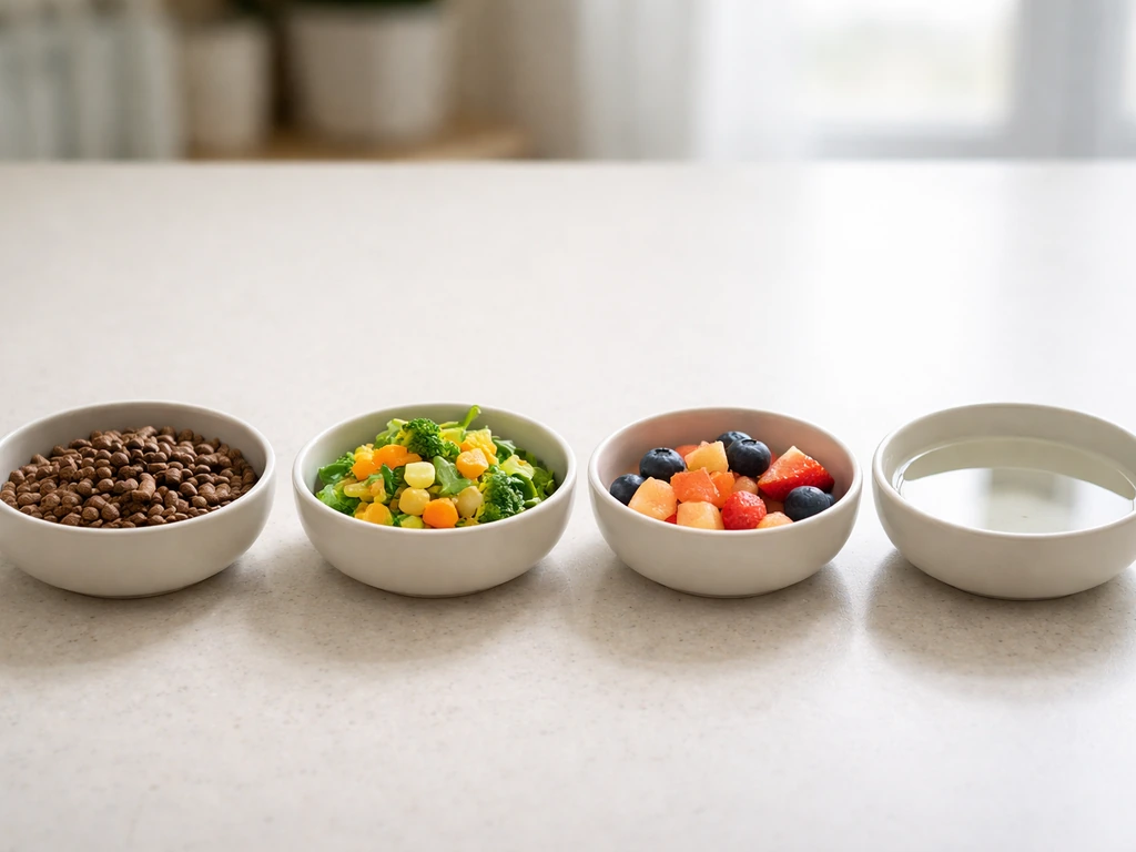 Minimal daily bird diet setup with pellets, fresh veggies, fruit, and clean water dishes arranged neatly.