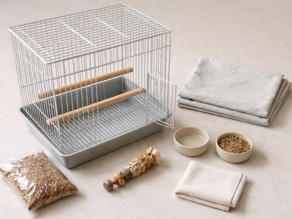 Minimal flat lay of beginner bird supplies: cage, perches, dishes, toy, sleep cover, and birdseed bag.