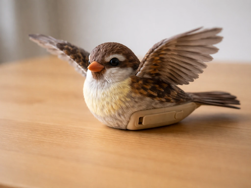 A single flapping bird cat toy on a table with visible wing motion and battery compartment area.