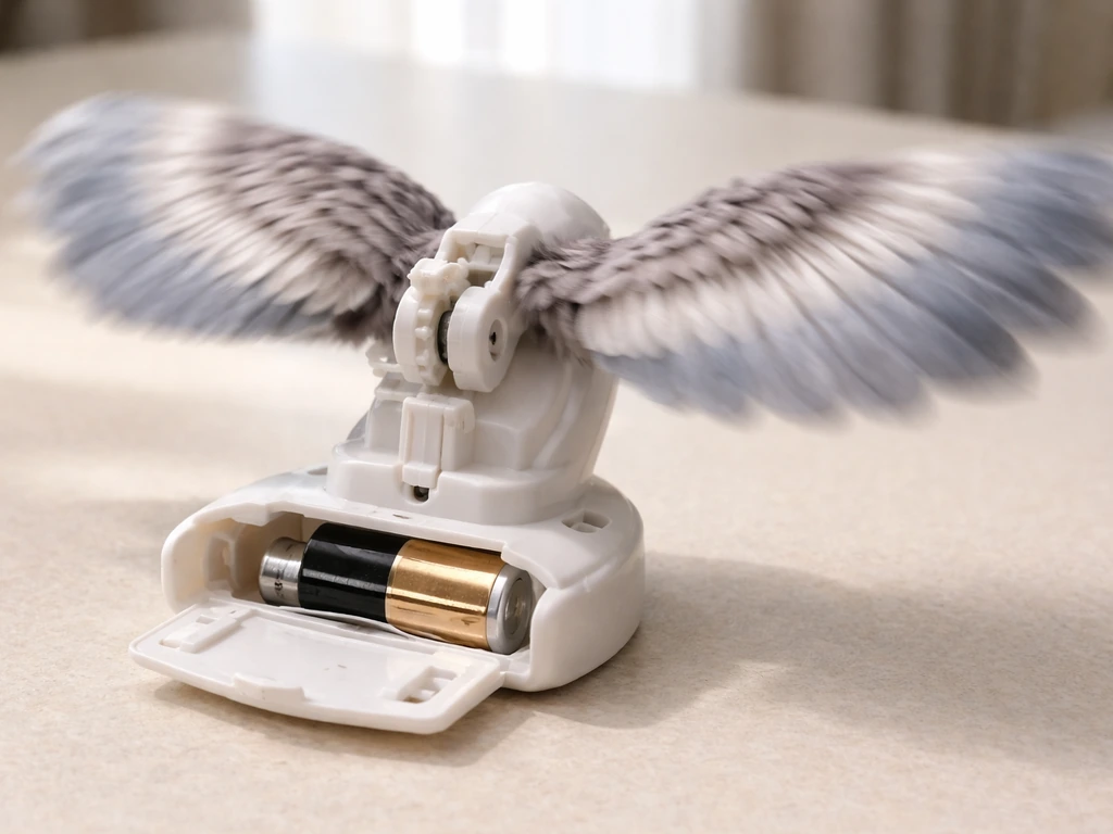 Close-up of a motorized flapping bird cat toy with visible hinge and battery powering motion.