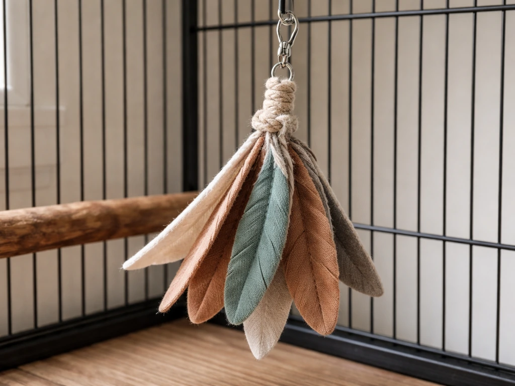 Bird-safe flapping enrichment toy in a simple indoor cage, showing secure stitched fabric attachments.