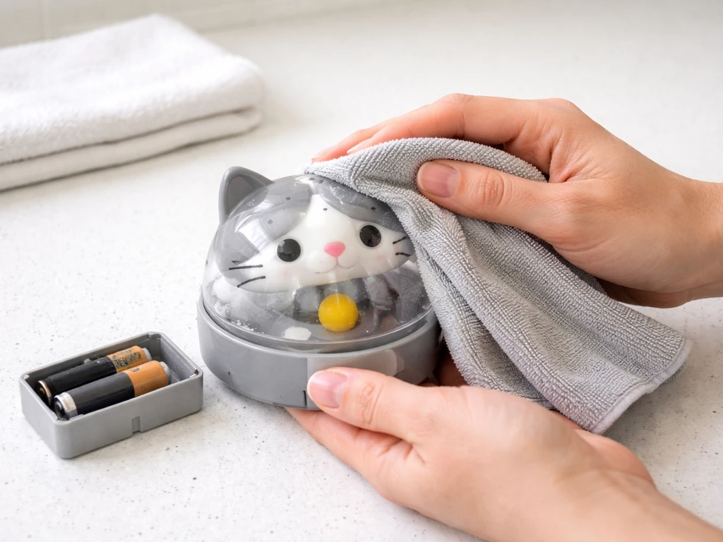 Hand wipes a cat toy’s plastic housing with a damp cloth; batteries are removed on the side.