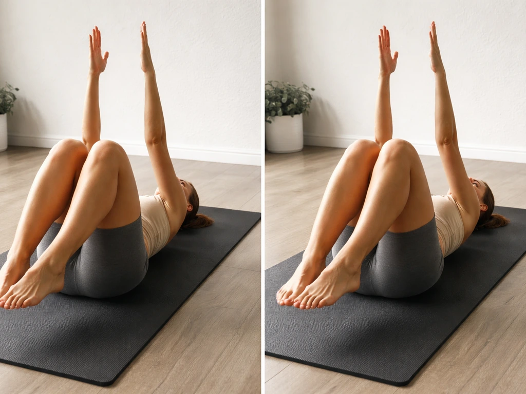 Split-frame dead bug: left shows lower-back gap off mat, right shows lumbar pressed to floor.