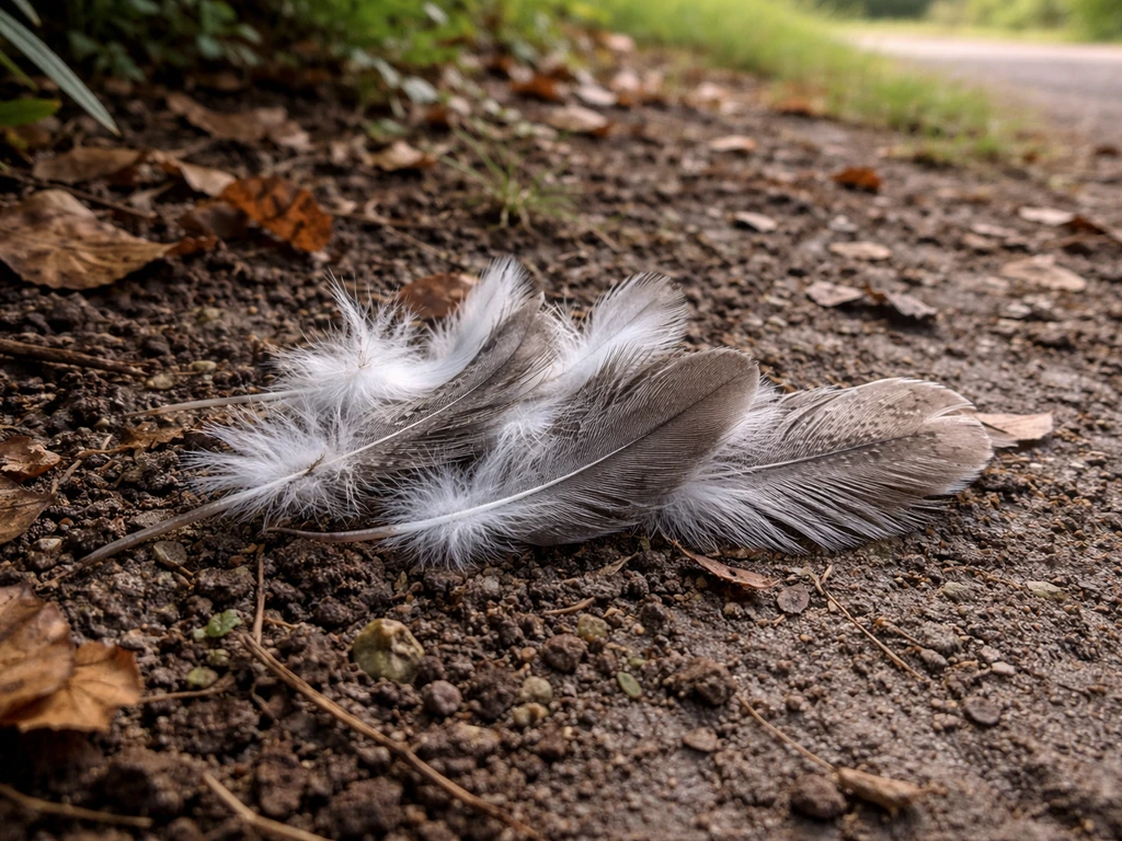 A few shed bird feathers on the ground in soft natural light, suggesting gentle wildlife caution.