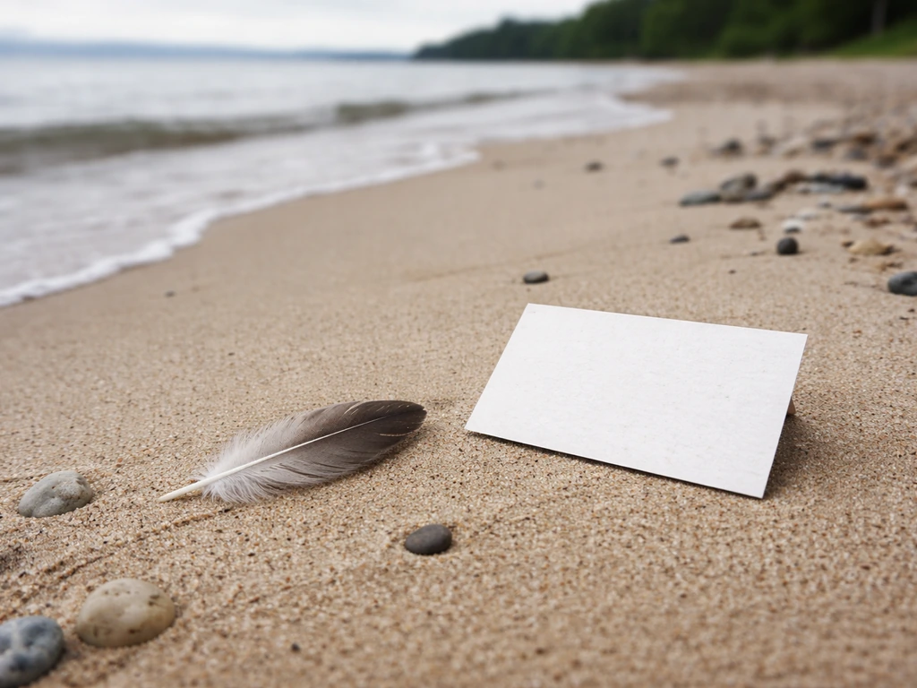 A single bird feather on sandy shoreline next to a blank-looking field guide card, outdoors in the UK-style park.
