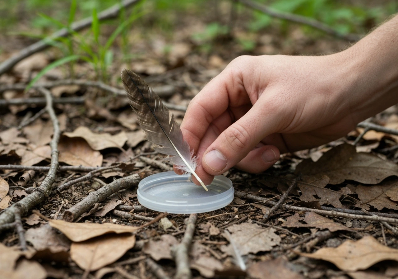 Hand carefully picks up one shed feather from the forest floor, with a small reusable container nearby.