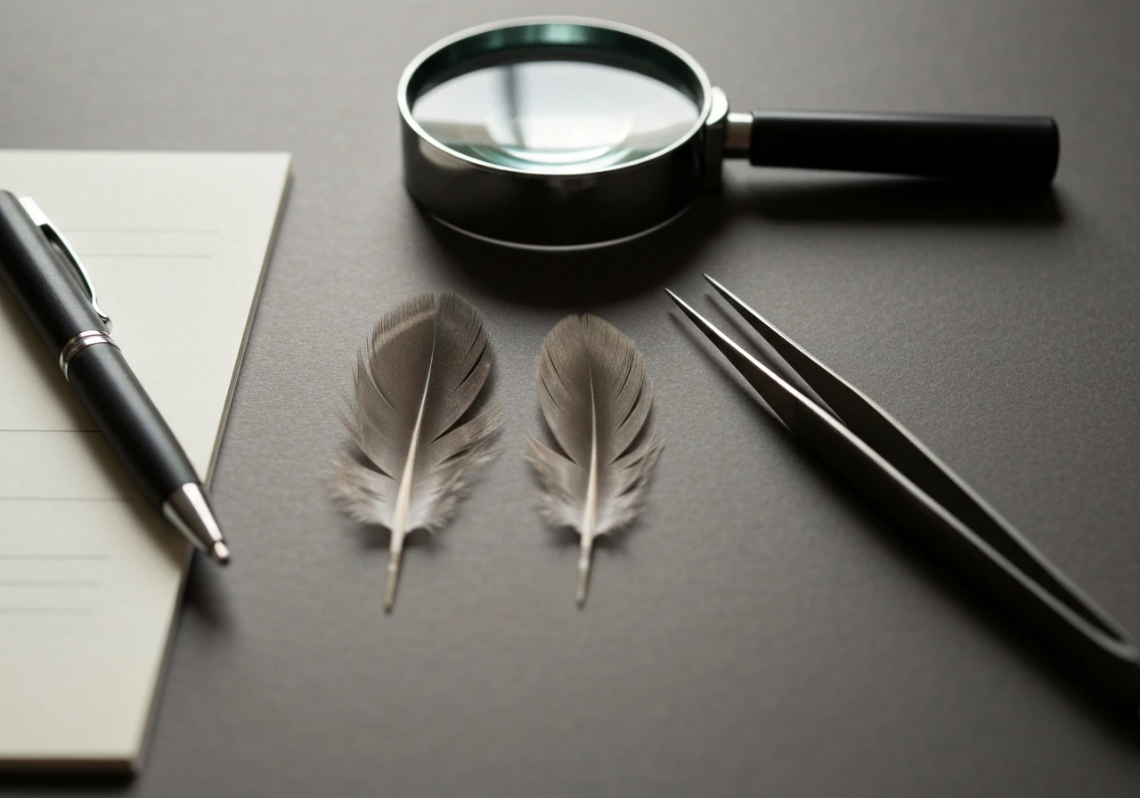 Two feather fragments on a desk examined with tweezers and a magnifying glass.