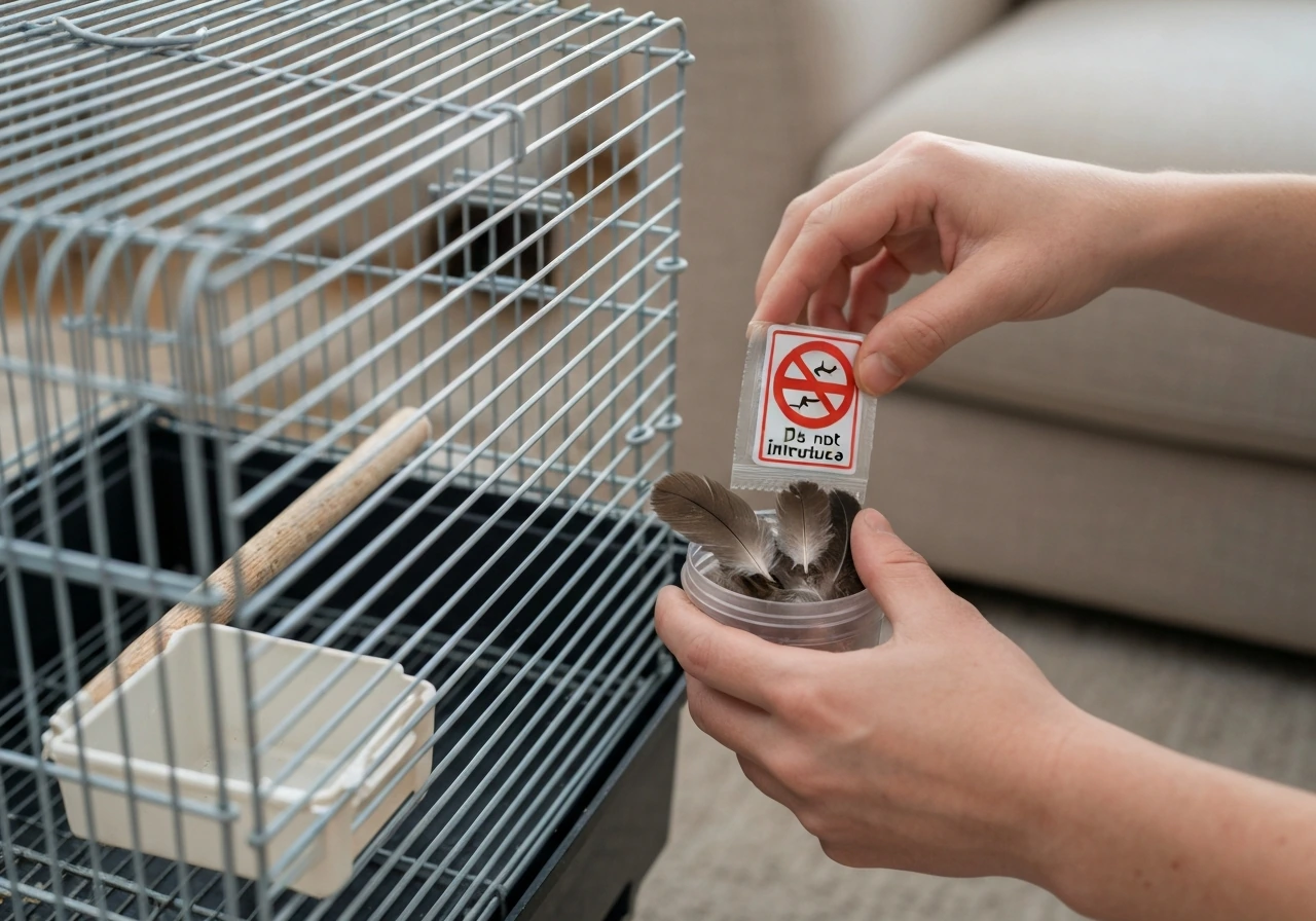 Person’s hands and a sealed container labeled “do not introduce” near a pet bird cage with wild feathers.