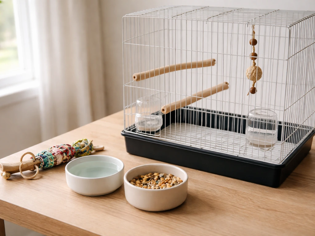 Empty bird cage setup with perches, food and water bowls, and simple enrichment items neatly arranged.