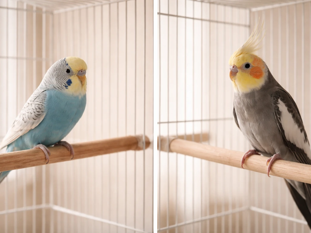 Two small pet birds—budgerigar and cockatiel—perched side by side in simple natural-light cages.