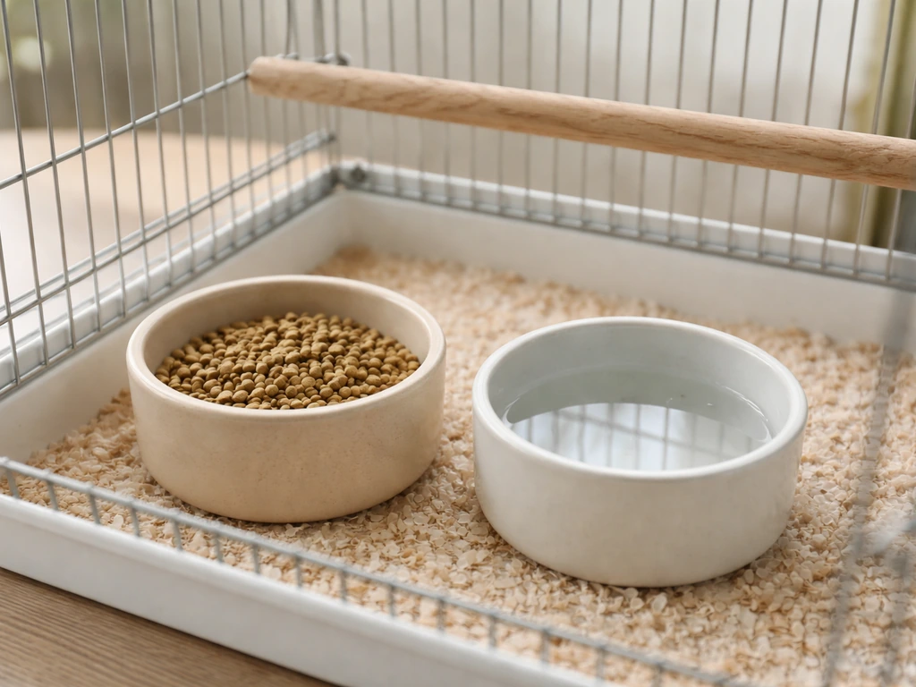 Pet bird feeding station with ceramic bowl of pellets and a clean water dish on a simple cage.