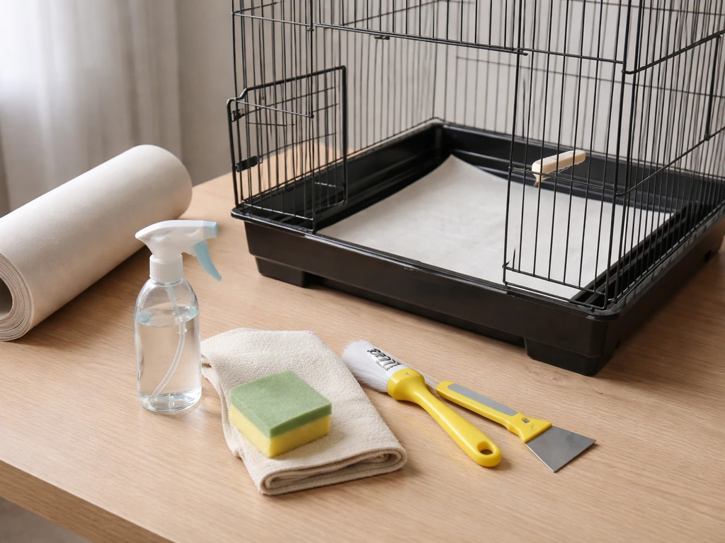 Bird cage cleaning supplies laid out beside a partially cleaned cage with paper liner and tools.