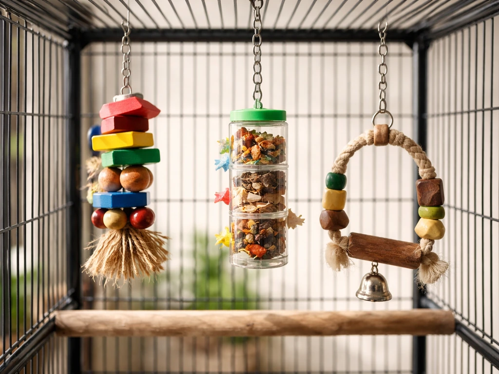 Companion parrot cage with several chew, foraging, and swinging enrichment toys in a calm room