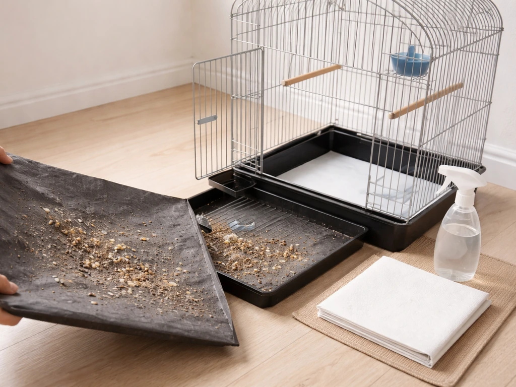 Birdcage open with removable tray and fresh liner ready; cleaning supplies nearby, no bird present.