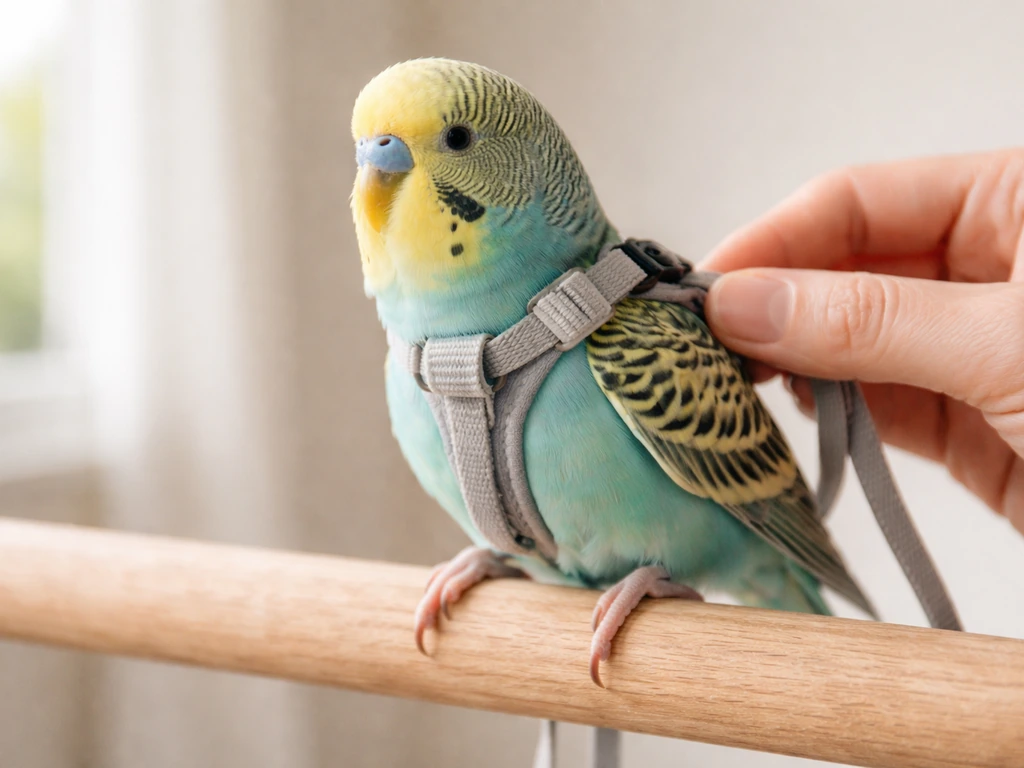 Small companion bird wearing a bird harness, being gently fitted in a calm, cozy indoor setting.